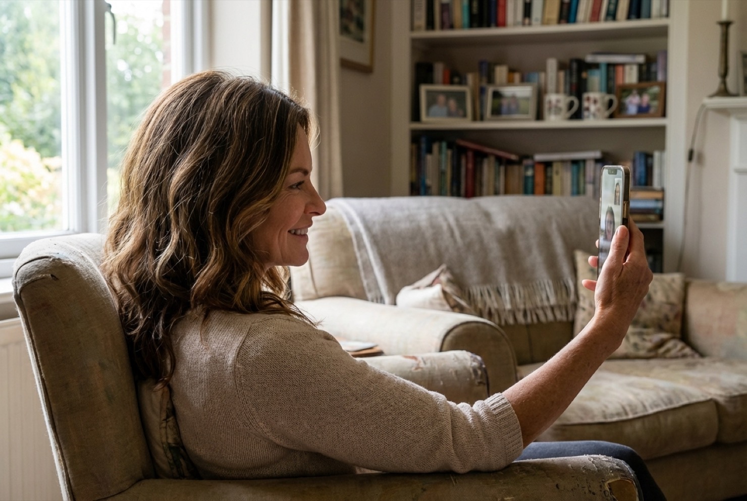 Woman sitting in her living room smiling on a FaceTime video call, comfortable being seen