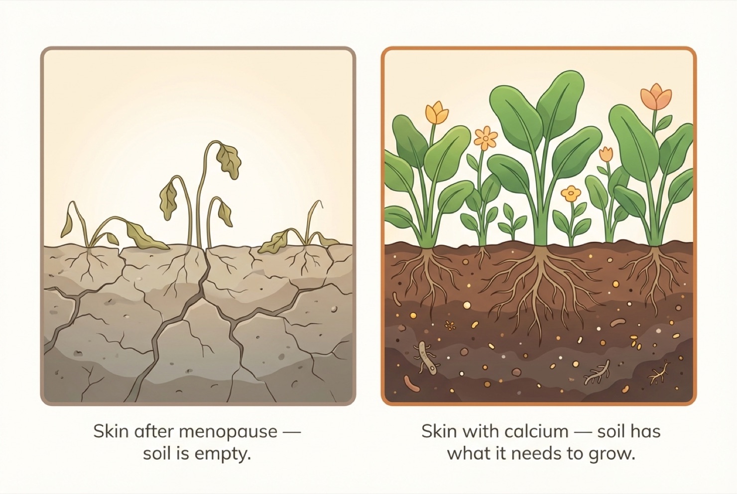 Two side-by-side gardens: left side dry empty soil with flat thin plants, right side rich full soil with healthy plants growing — showing how calcium restores your skin