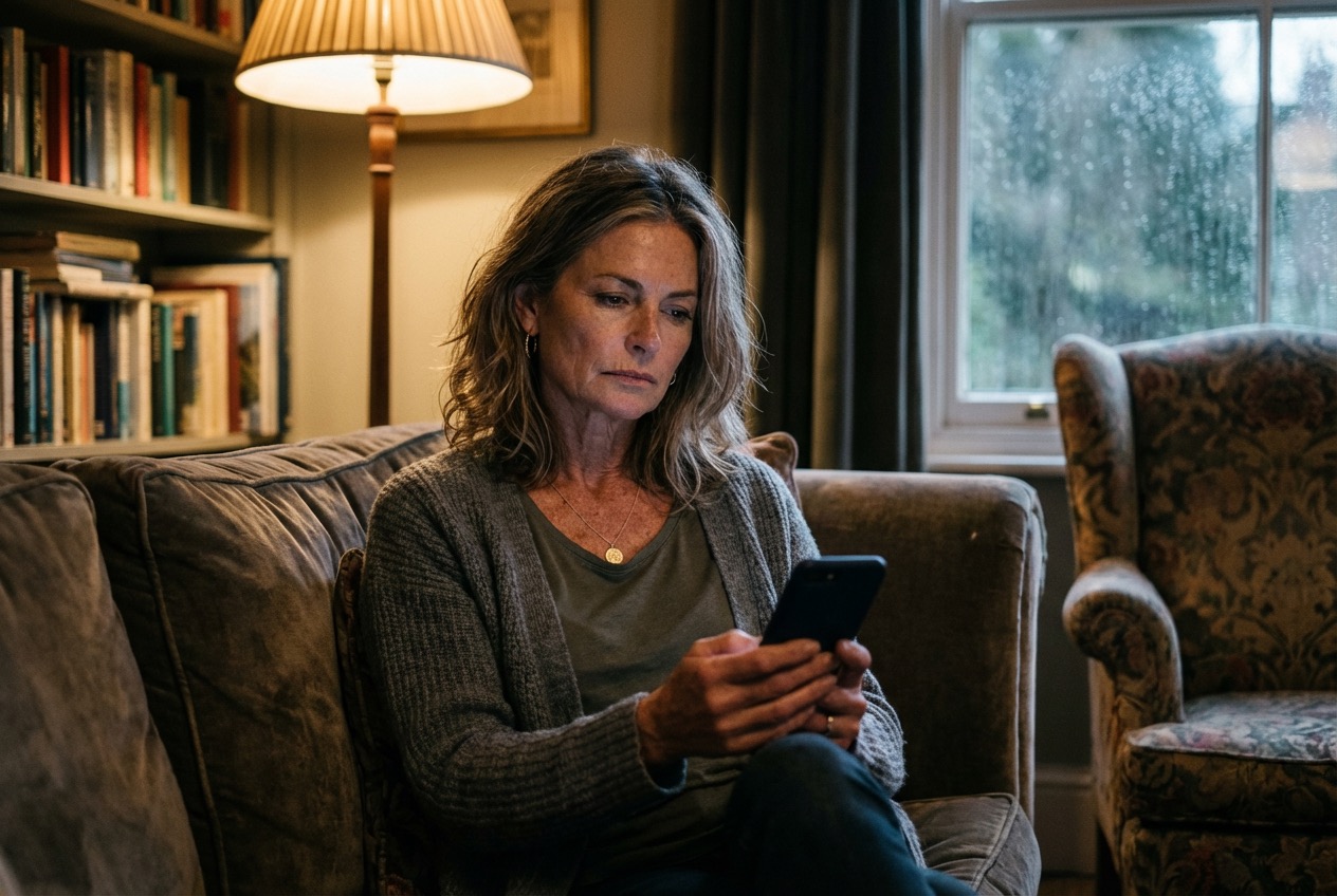 Woman sitting alone holding phone after ending a video call