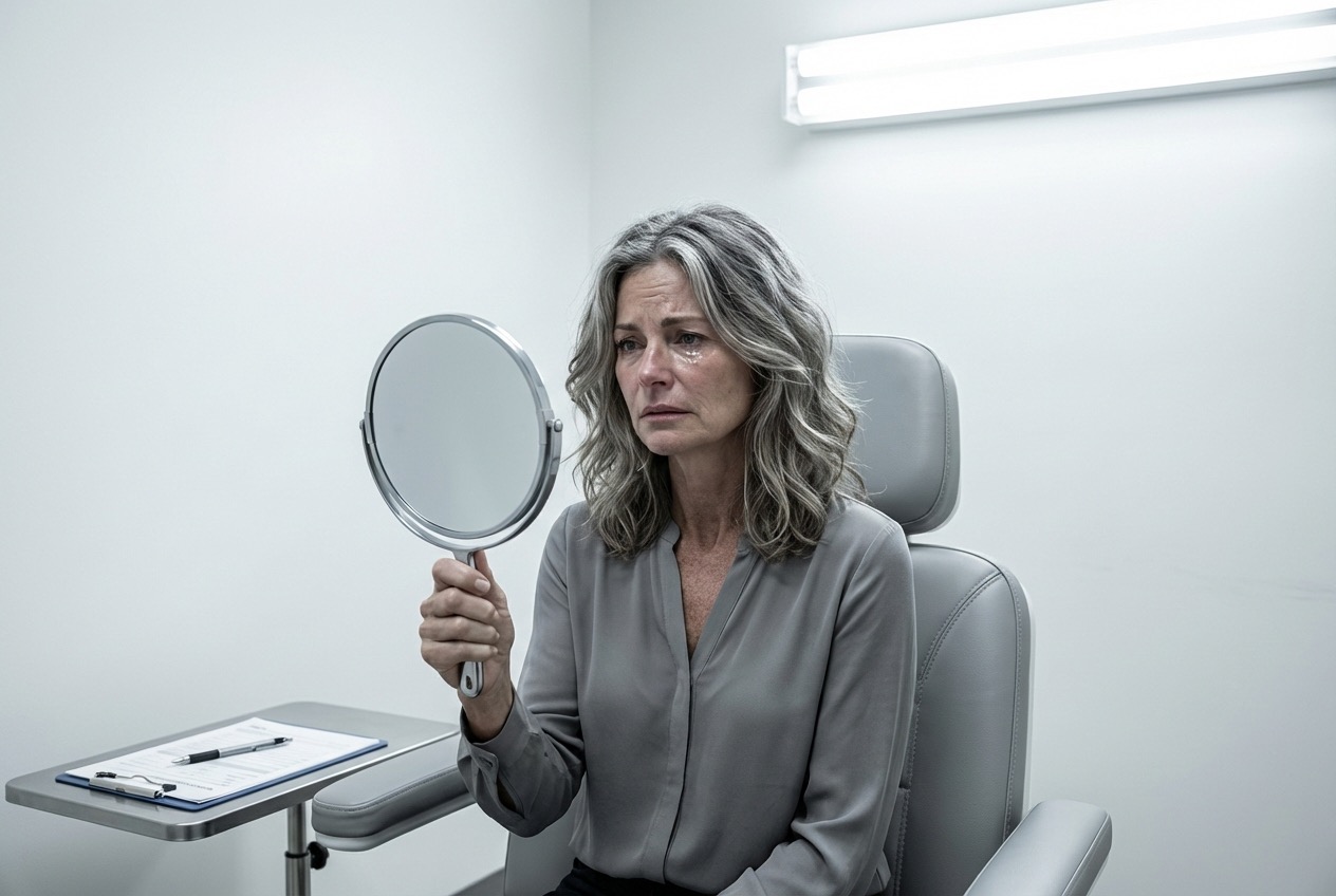 Woman in clinical consultation room looking into handheld mirror